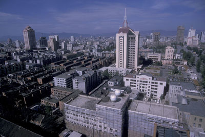 High angle view of buildings in city