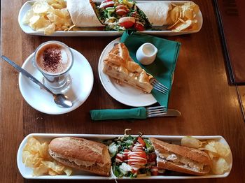 High angle view of breakfast served on table