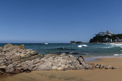 Scenic view of sea against clear sky