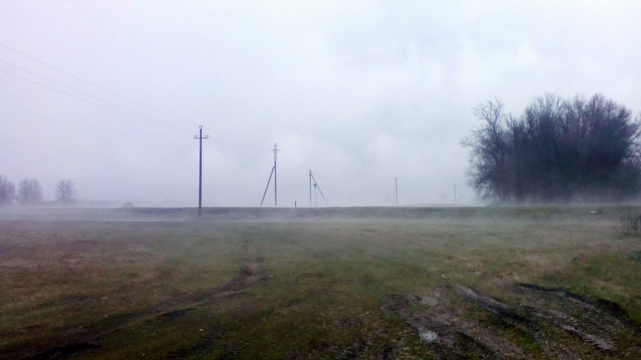 fog, fuel and power generation, landscape, foggy, field, electricity pylon, tranquility, tranquil scene, sky, weather, nature, technology, tree, connection, power line, electricity, rural scene, wind turbine, scenics, wind power