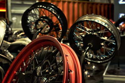 Close-up of motorcycle wheels at workshop