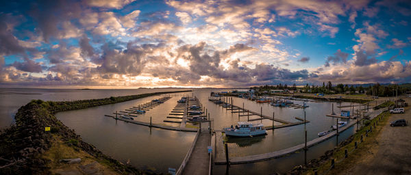 High angle view of sea against sky during sunset