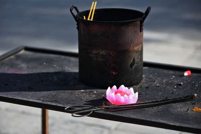 Close-up of rose flower on table