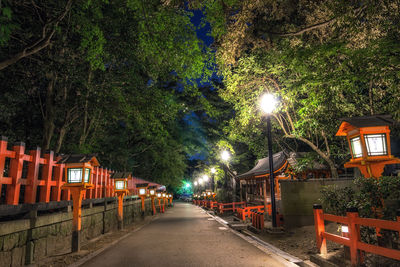Illuminated street amidst trees and buildings at night