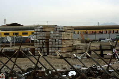 Construction site against buildings in city