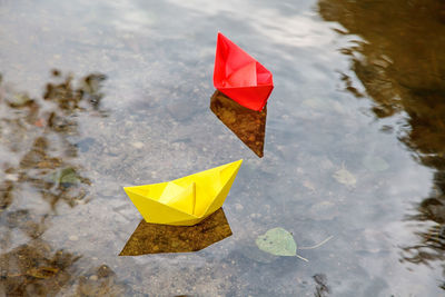 High angle view of paper floating on water