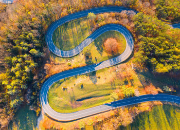 Aerial view of serpentine mountain road amidst trees during autumn