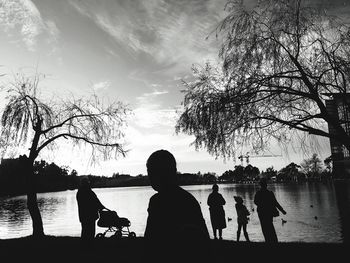 Silhouette people standing by lake