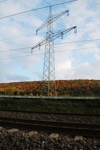 Electricity pylon against cloudy sky