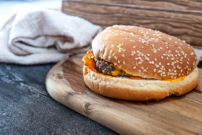 Close-up of burger on cutting board