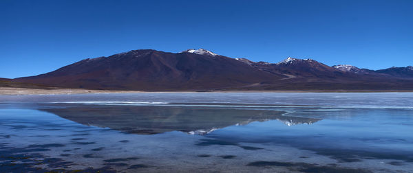 Scenic view of lake by mountains against clear blue sky