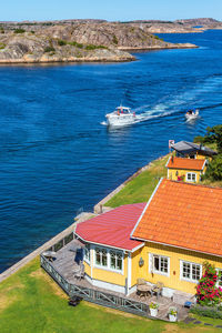 High angle view of sea and buildings