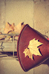 Close-up of dry maple leaves on table