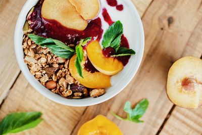 High angle view of breakfast served on table