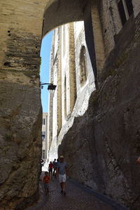 Rear view of people walking on historical building