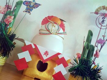 High angle view of christmas decorations on table