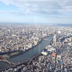 Aerial view of city against cloudy sky