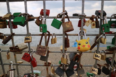 Close-up of padlocks hanging on railing