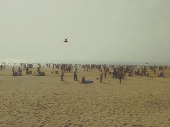 People at beach against clear sky