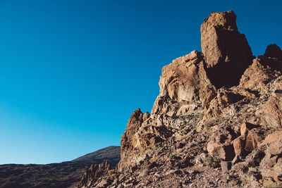 Low angle view of rock formation against clear blue sky