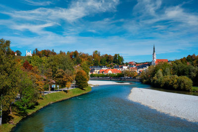 Bad tolz - picturesque resort town in bavaria, germany in autumn and isar river