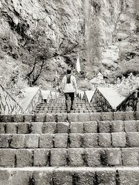 Rear view of people walking on stairs