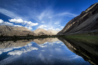 Scenic view of lake and mountains against blue sky