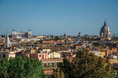 Overview of trees, cathedrals domes and roofs of buildings in the sunset of rome, italy.