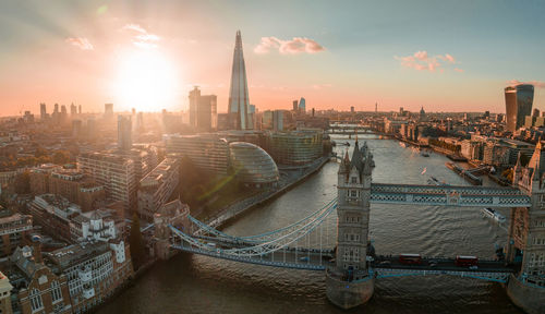 Aerial view of the london tower bridge at sunset.