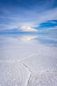 Scenic view of snow covered land against sky