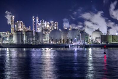 Panoramic view of illuminated factory against sky at night