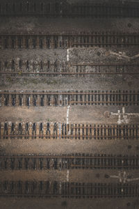 Aerial view of railroad tracks at night