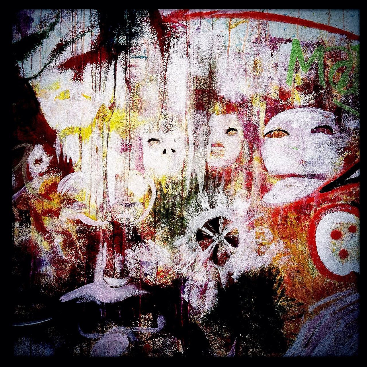 transfer print, auto post production filter, graffiti, wall - building feature, textured, full frame, weathered, close-up, high angle view, multi colored, outdoors, wall, no people, creativity, art and craft, backgrounds, tree, art, built structure, day