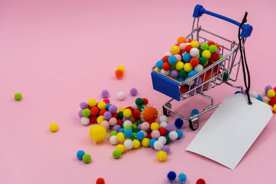 High angle view of multi colored candies on table