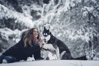 Dogs sitting on snow during winter