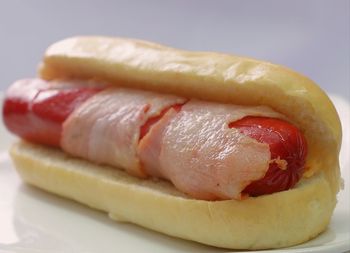 Close-up of hot dog against white background