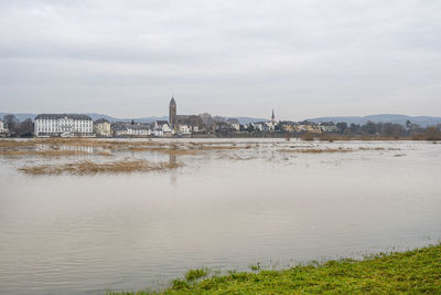 The high state of the rhine in western germany, water has risen from the riverbed.