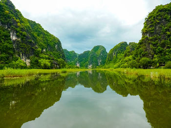 Scenic view of lake by trees against sky