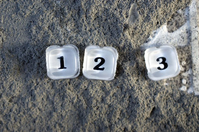 High angle view of text written on sand