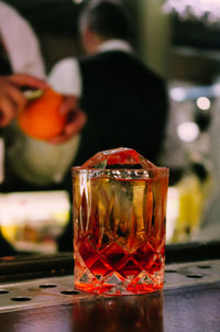 Close-up of beer glass on table at restaurant