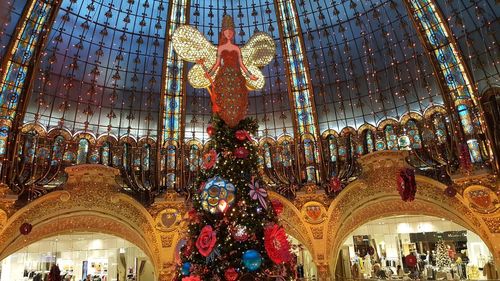 Low angle view of illuminated christmas tree at night