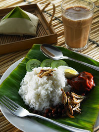 High angle view of food served on table