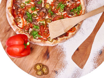 High angle view of pizza on table