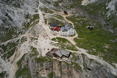 Aerial view of the torri del vajolet refuge in the trentino dolomites