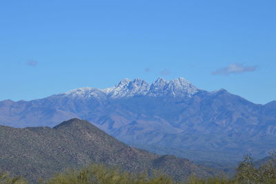 Scenic view of snowcapped mountains against clear blue sky