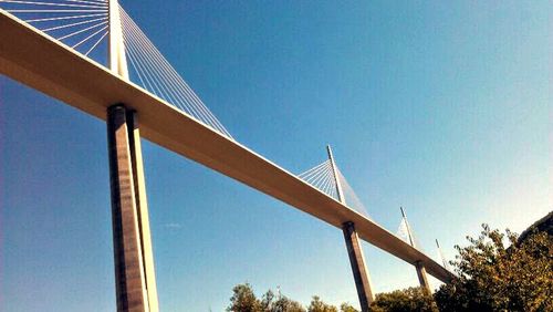 Low angle view of bridge against clear blue sky