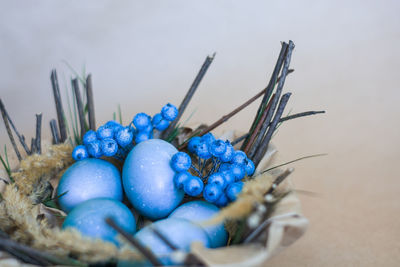 Close-up of blue eggs on table