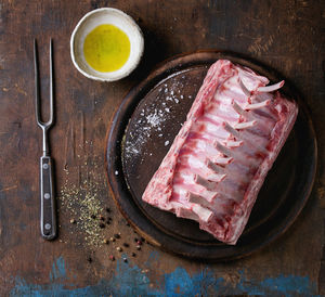 High angle view of meat in plate on table