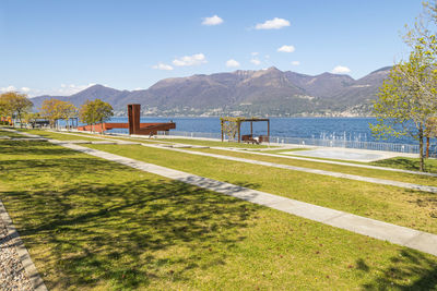 The beautiful park at the lake of luino with the fountains