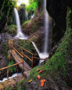 High angle view of waterfall in forest